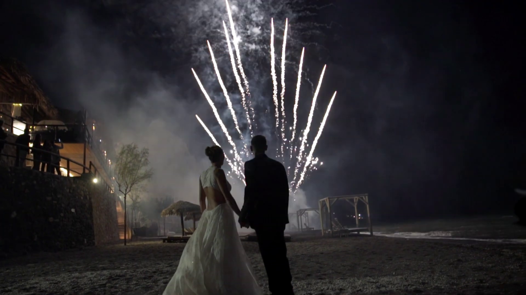 Fireworks on Wedding by the sea of Santorini